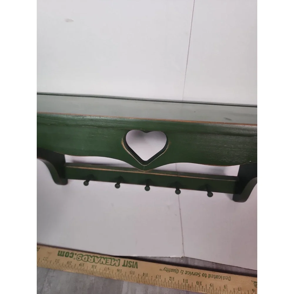 Vintage Green Wood Heart Shelf Five Hooks Cottage Country Distressed 23